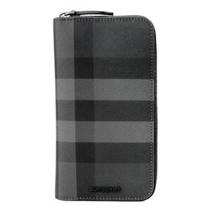 Burberry Long Wallet Round Zipper Charcoal Black Check Leather Black Gray